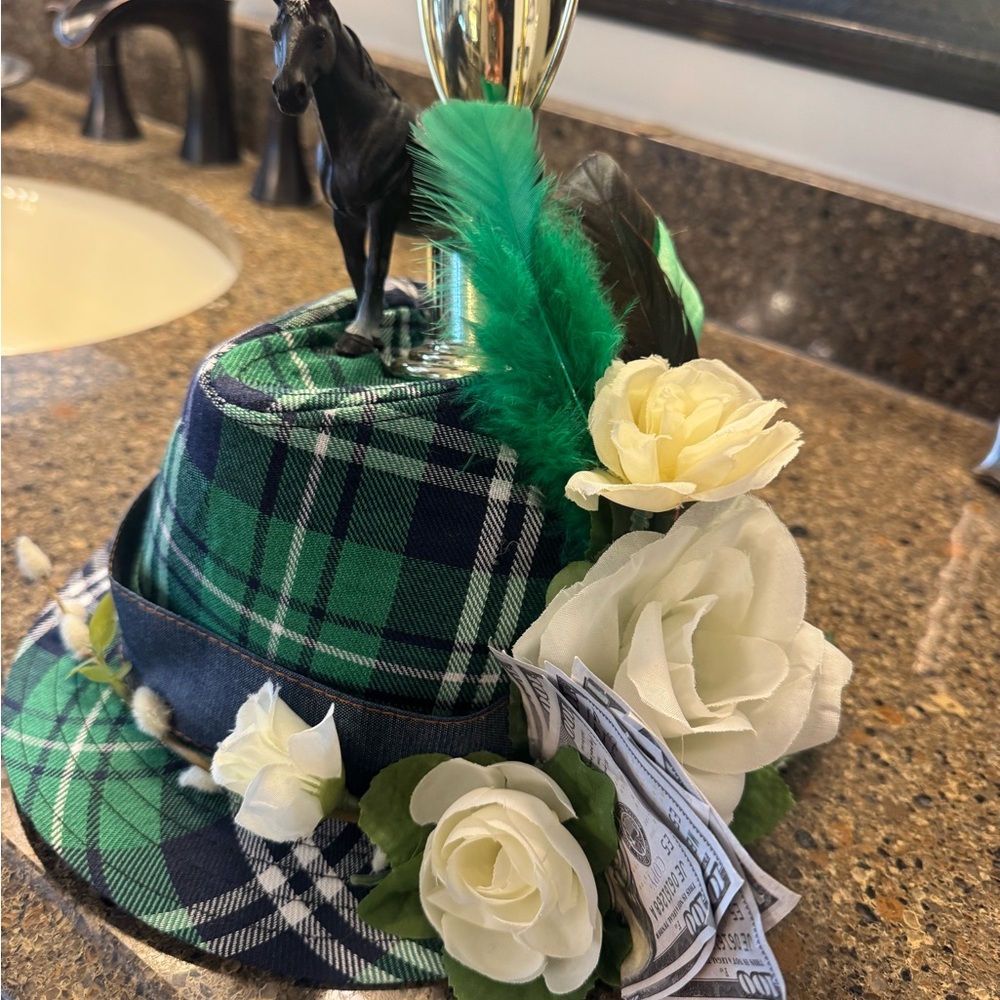 Green Plaid Women's Hat with Floral Accents steeplechase hats